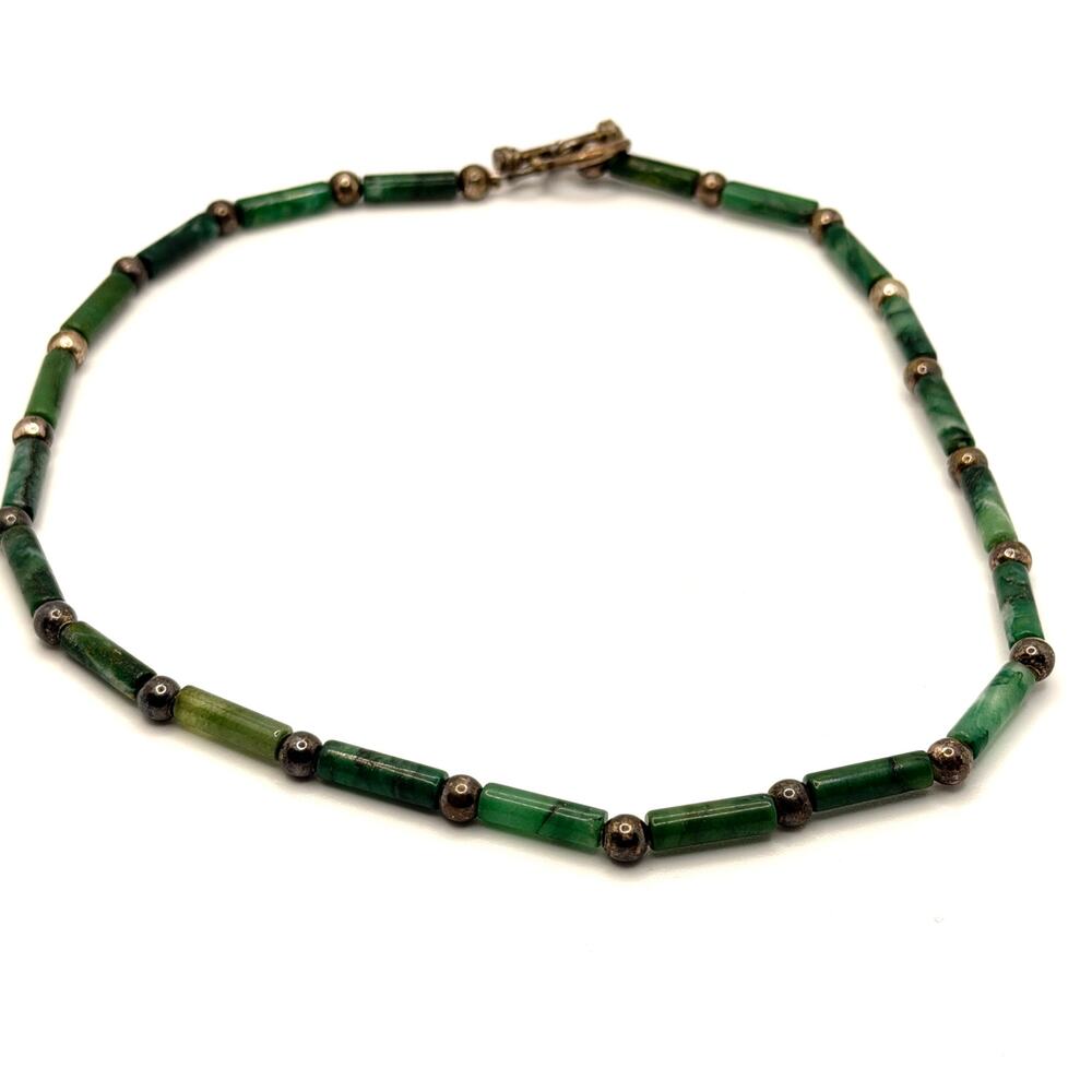 Vintage 90s Green Nephrite Jade Sterling Silver Tube Bead Toggle Necklace